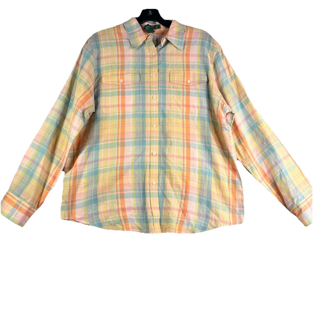 Lauren Ralph Lauren Top Women's L Linen Blend Long Sleeve Button Up‎ Multi Color